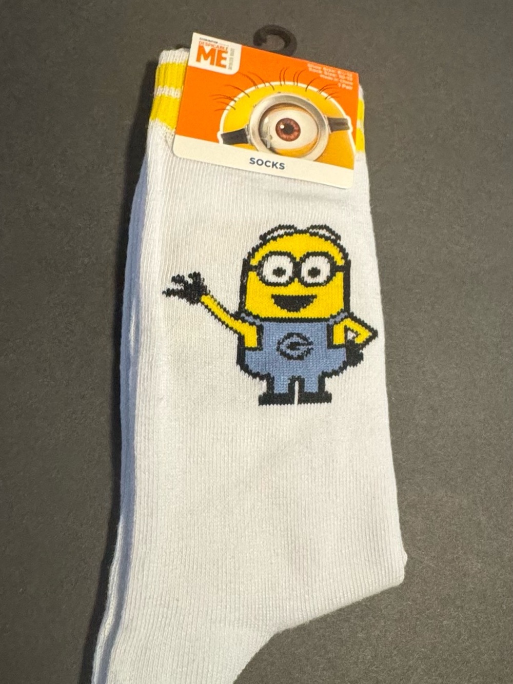 Kids White Minion Character Crew Socks with Yellow Accents